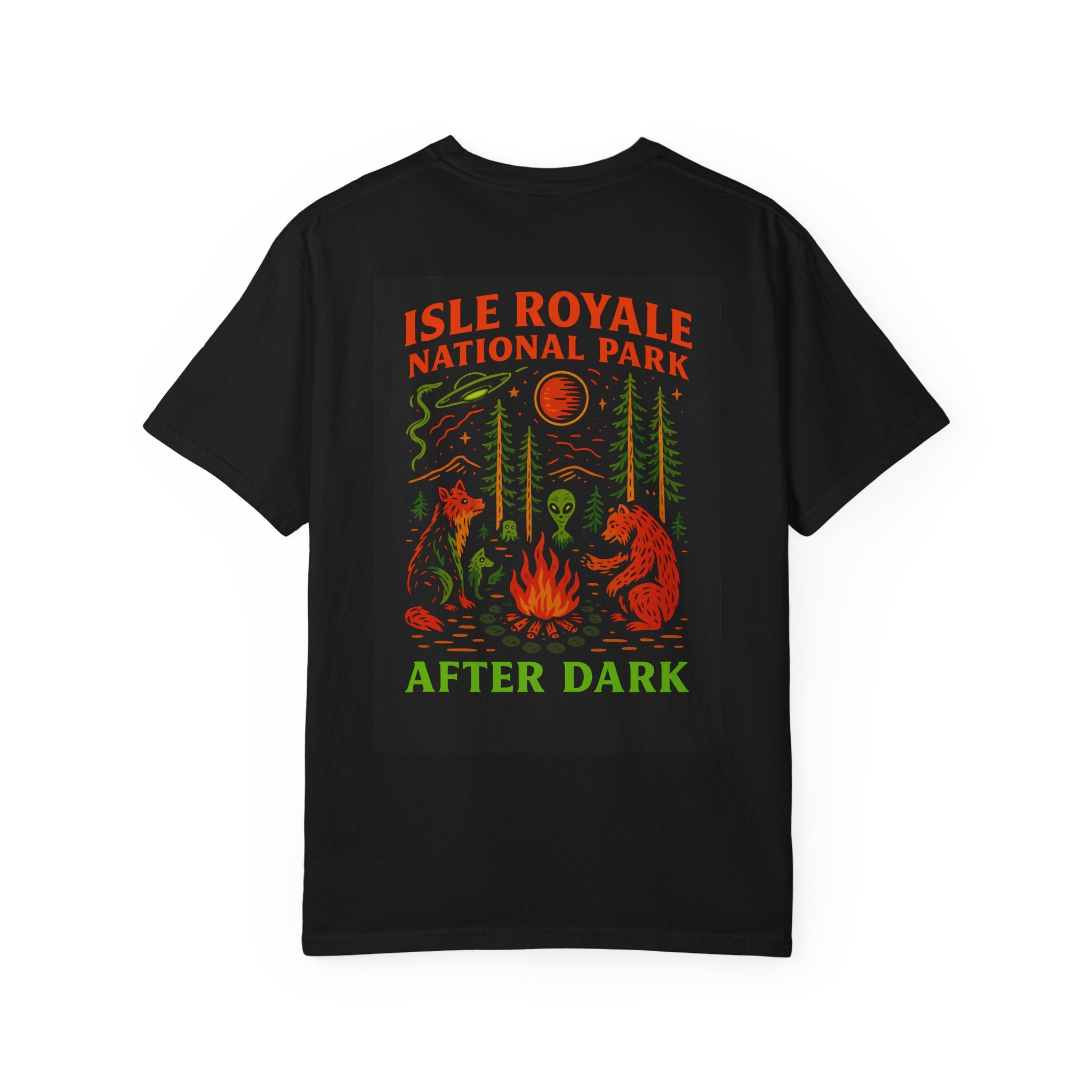 After Dark Collection Isle Royale National Park T-Shirt | Campfire Scene with Spectral Wolf, Alien and the Bear holding a coffee mug