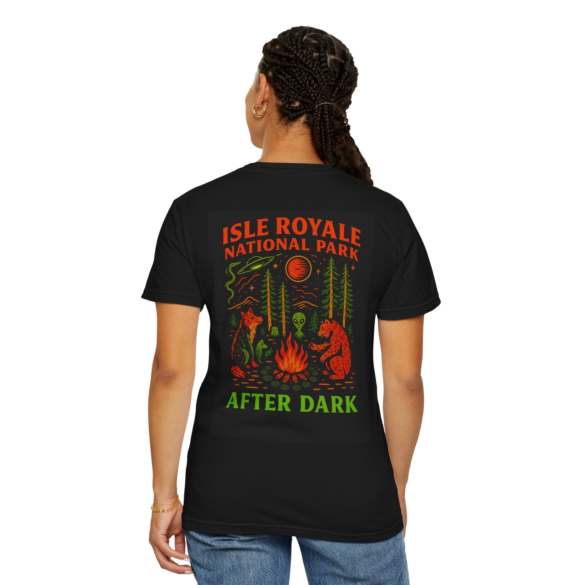 After Dark Collection Isle Royale National Park T-Shirt | Campfire Scene with Spectral Wolf, Alien and the Bear holding a coffee mug