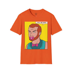 Call Me Baby Unisex Softstyle T-Shirt  Pop Art Bearded Guy with a pacifier and a bow tie