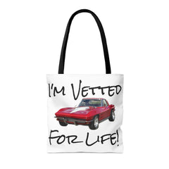 I'm Vetted For Life! / Tote Bag (AOP) / for him / for her / collector car / Chevrolet Corvette / Chevy / Little RED Corvette /