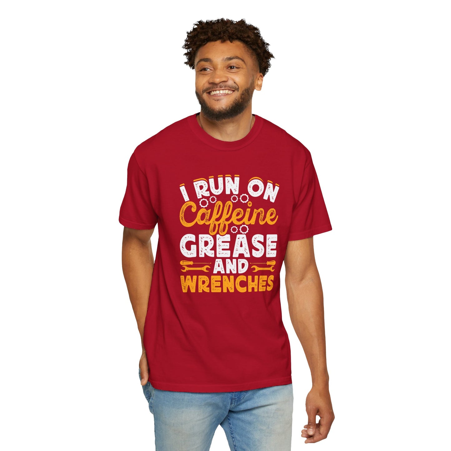 I Run On Caffeine, Grease and Wrenches, Fun Mechanic Quote, Comfort Colors Unisex Relaxed Fit T Shirt