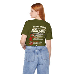 Montana Rules Tee - “3 Things You Don’t Do in Montana: Don’t Pet the Buffalo, Outdrink Canadians, Mess with Cowboy Music”