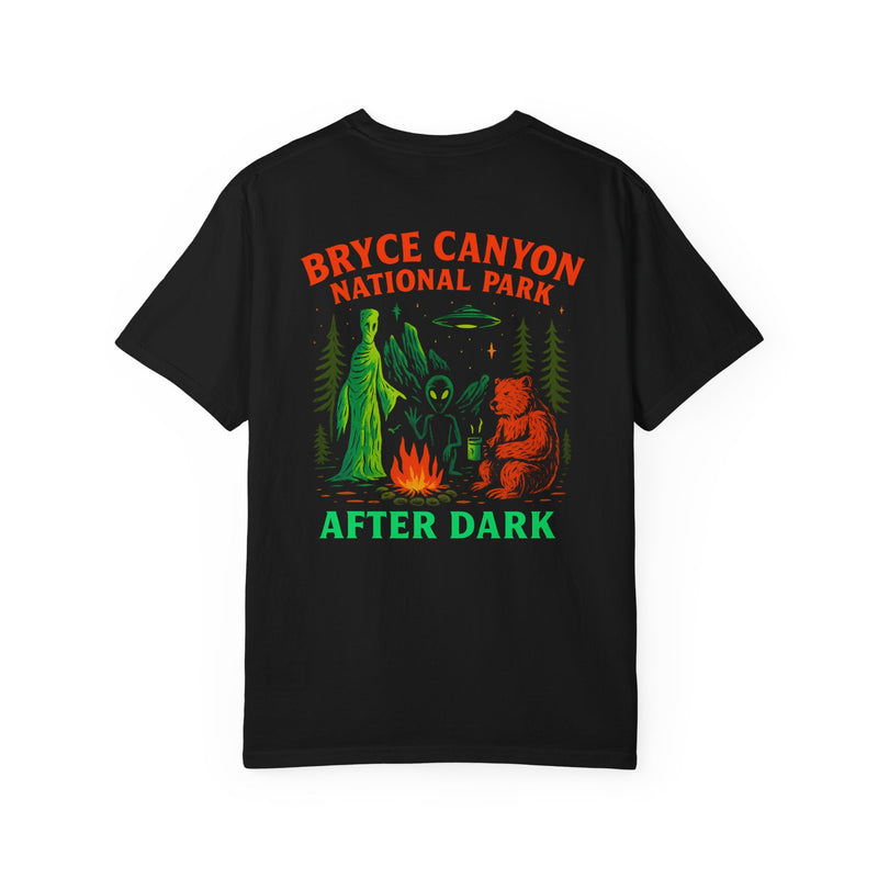 After Dark Collection Bryce Canyon National Park Unisex T-Shirt - Campfire Scene with Hoodoo Spirit, Alien and Bear with mug