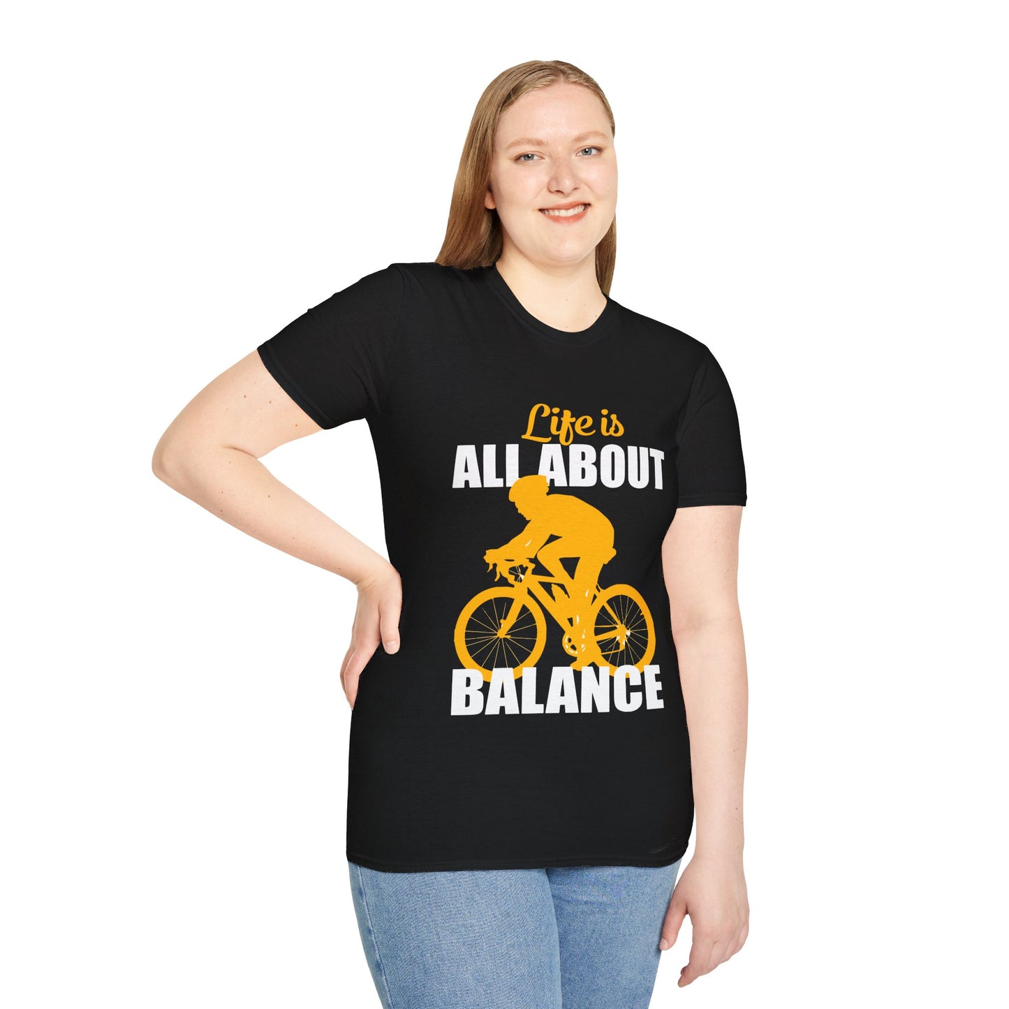 Life Is All About Balance Unisex Softstyle T-Shirt  For the Cyclist in Your Life, Biking Bicycling Exercise Motivation Just Do It