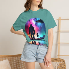 Bigfoot & Alien Nightscape T-Shirt — Sasquatch UFO Graphic Tee