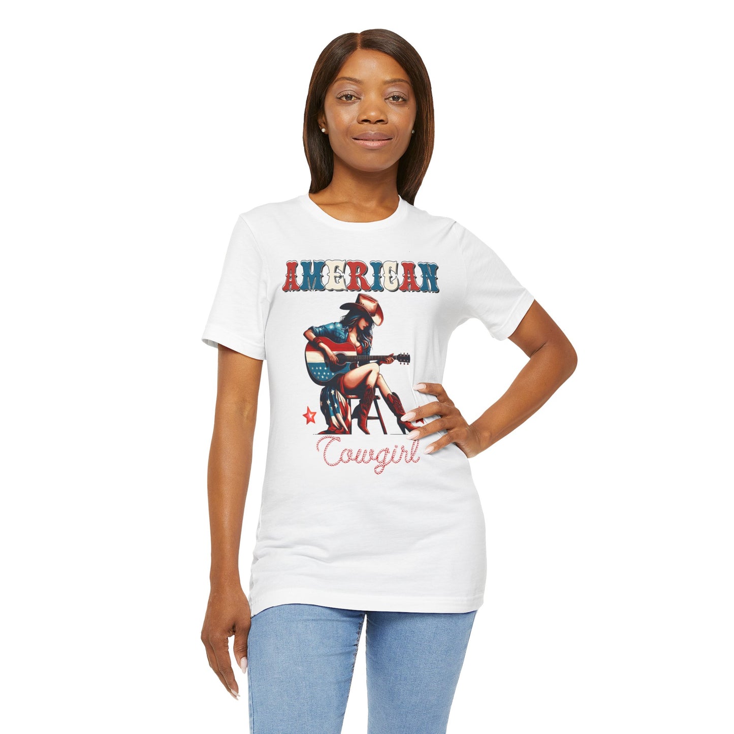 American Cowgirl, Playing Guitar Graphic, Unisex Jersey Short Sleeve Tee