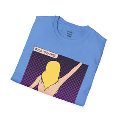 WILD AND FREE Pop Art Blonde Hair Girl with denim shorts and no top Unisex Softstyle T Shirt