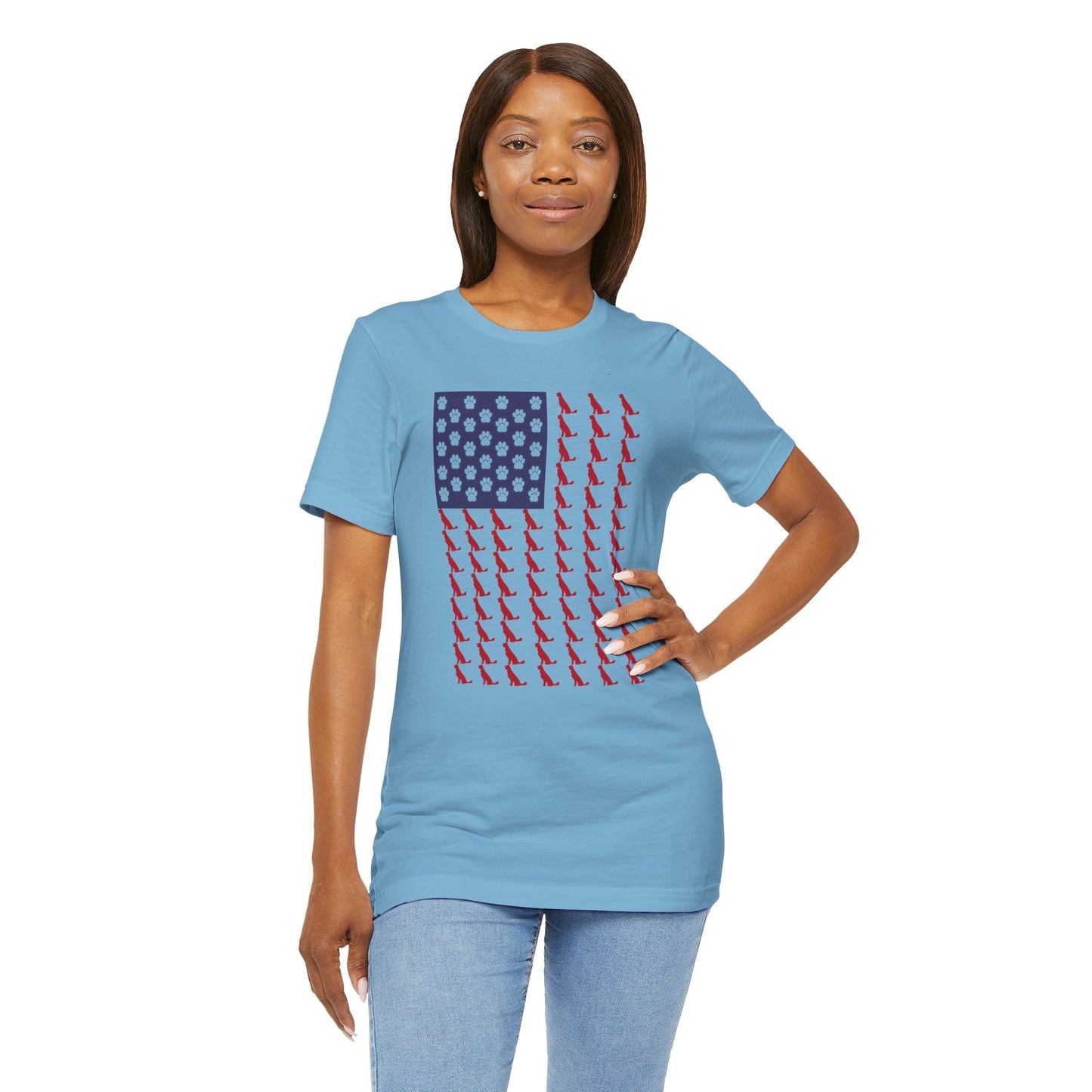 Personalized Dog Silhouette on American Flag - Tell us your dog breed, Unisex Short Sleeve Tee, Golden Retriever Silhouette Shown, Patriotic Shirt, Patriotic Pooch