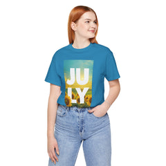 July Sunflower T‑Shirt – Summer Graphic Tee with 'JULY' Text