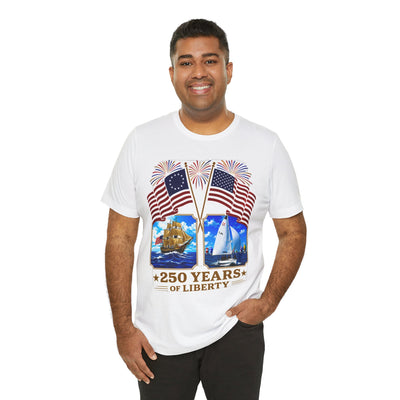 250 Years of Liberty Patriotic T-Shirt - Unique 1776 Tall Ship Brig and a 2026 Flying Scot Sailing Racer
