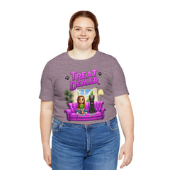 Personalized Treat Dealer T-Shirt — Funny Pet Lover Tee with Girl and Dog on Purple Couch