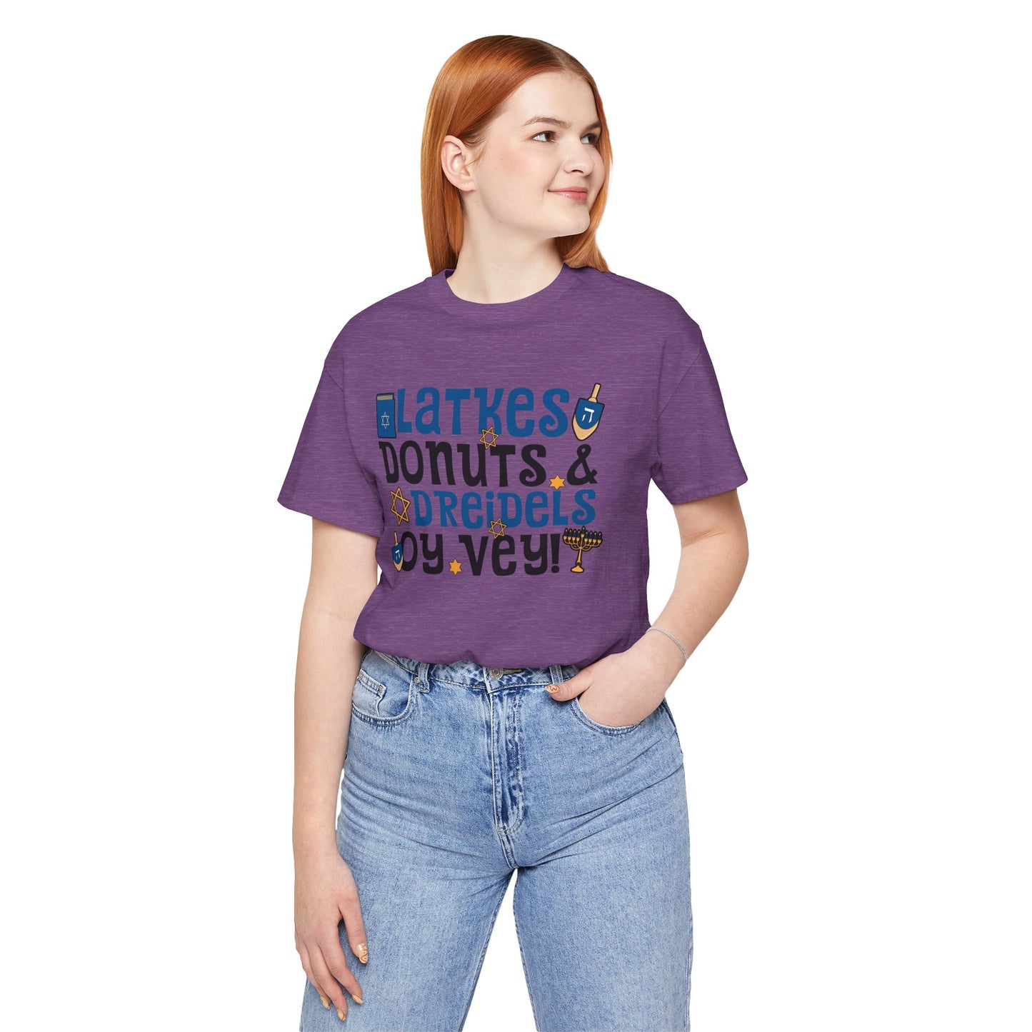 Latkes, Donuts, Dreidel, Oy Vey! - Unisex Jersey Short Sleeve Tee