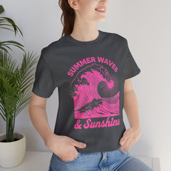 Summer Waves & Sunshine Tee — Retro Pink Surf Graphic T-Shirt