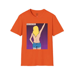 WILD AND FREE Pop Art Blonde Hair Girl with denim shorts and no top Unisex Softstyle T Shirt