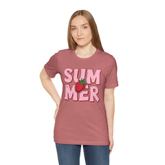 Summer Strawberry T-Shirt — Cute Pink Graphic Tee with Strawberry "SUMMER" Design