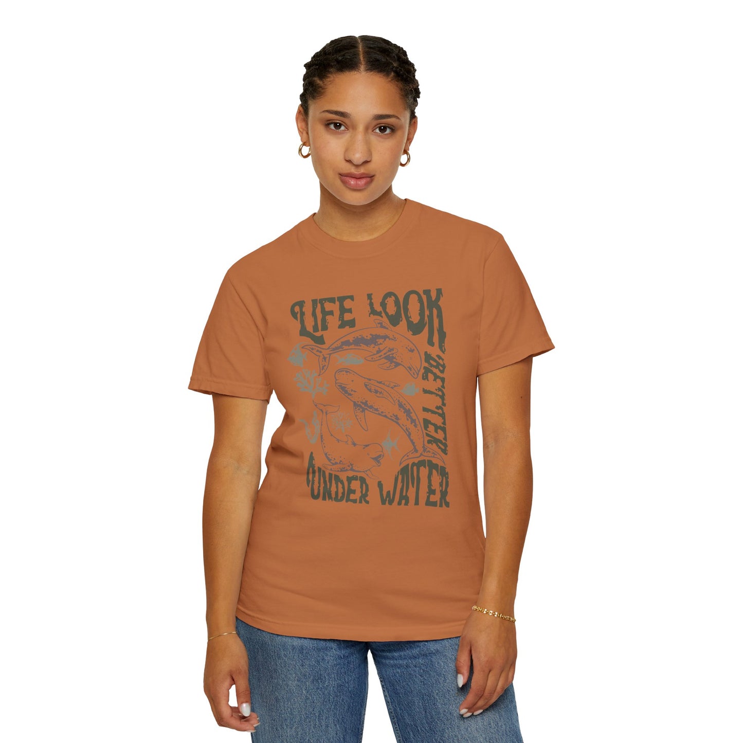 Whales, Life Look Better Under Water -  Graphic Unisex Garment-Dyed T-shirt