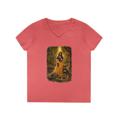 Fairy Tale Snow White & Dog V-Neck T-Shirt — Whimsical Princess Forest Graphic