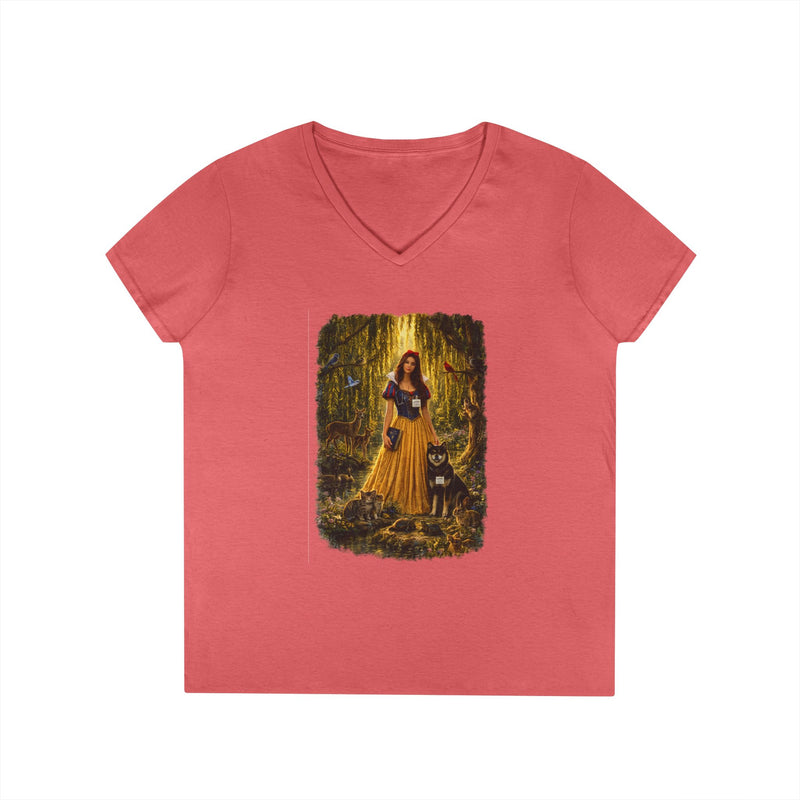 Fairy Tale Snow White & Dog V-Neck T-Shirt — Whimsical Princess Forest Graphic