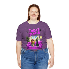 Personalized Treat Dealer T-Shirt — Funny Pet Lover Tee with Girl and Dog on Purple Couch