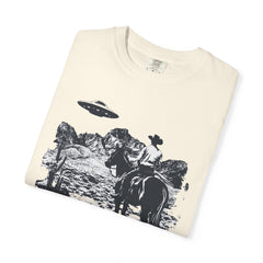 UFO Meets Cowboy Vintage Graphic T-Shirt — Retro Western Alien Tee