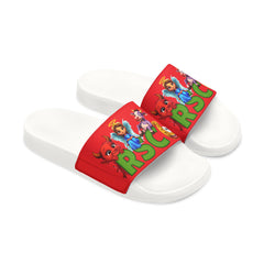 Russell Sage College Mascot Characters Graphic Women's Summer Slide Sandals -  Purple Cow, Red Devil, Golden Horseshoe, Blue Angel