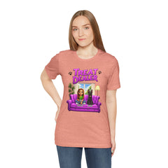 Personalized Treat Dealer T-Shirt — Funny Pet Lover Tee with Girl and Dog on Purple Couch