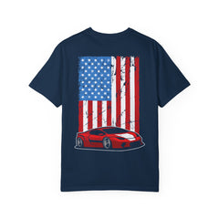 Patriotic Car Graphic Unisex T-Shirt - Vintage American Flag Design