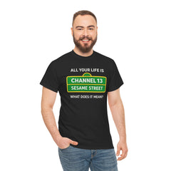 FUNNY T SHIRT  ALL YOUR LIFE IS CHANNEL 13 SESAME STREET WHAT DOES IT MEAN? MUSIC LYRICS. Unisex Heavy Cotton Tee