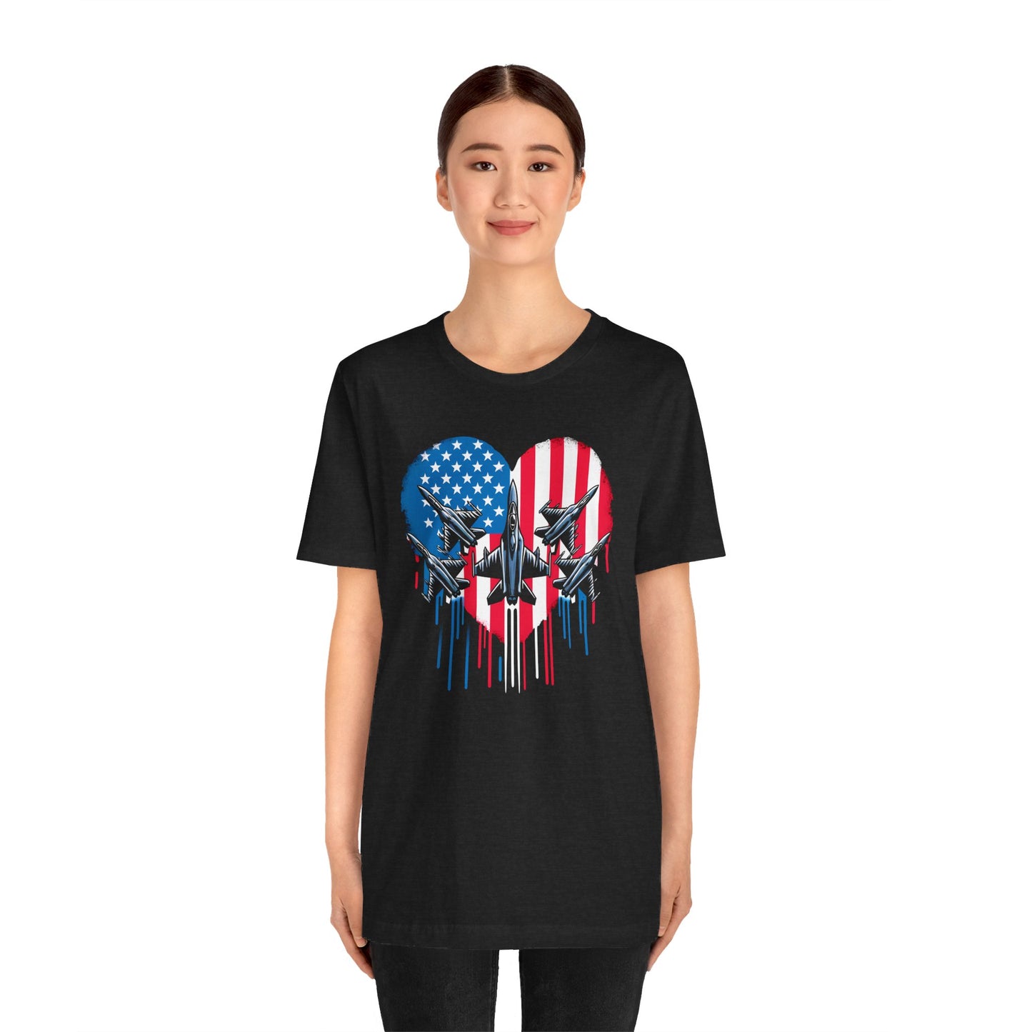 Red White and Blue Heart with Jets Graphic, Unisex Jersey Short Sleeve Tee