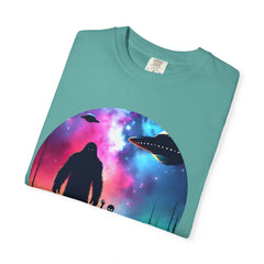 Bigfoot & Alien Nightscape T-Shirt — Sasquatch UFO Graphic Tee