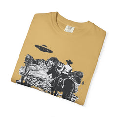 UFO Meets Cowboy Vintage Graphic T-Shirt — Retro Western Alien Tee
