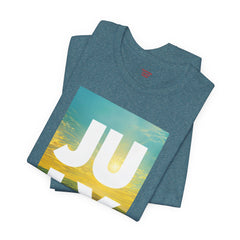 July Sunflower T‑Shirt – Summer Graphic Tee with 'JULY' Text
