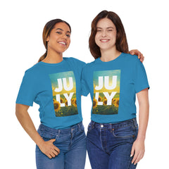 July Sunflower T‑Shirt – Summer Graphic Tee with 'JULY' Text