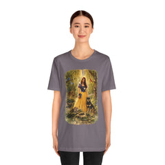 Fairy Tale Forest Tee — Woman with Dog Vintage Fantasy Graphic Shirt