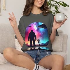 Bigfoot & Alien Nightscape T-Shirt — Sasquatch UFO Graphic Tee