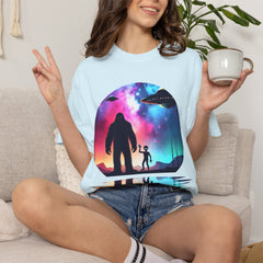 Bigfoot & Alien Nightscape T-Shirt — Sasquatch UFO Graphic Tee