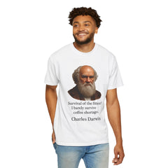 Darwin Coffee Funny T-Shirt — "Survival of the Fittest? I Barely Survive Coffee Shortages."