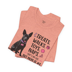 Personalized Your Dog and its name Mother's Day T-Shirt — 'Treats. Walks. Toys. Naps.