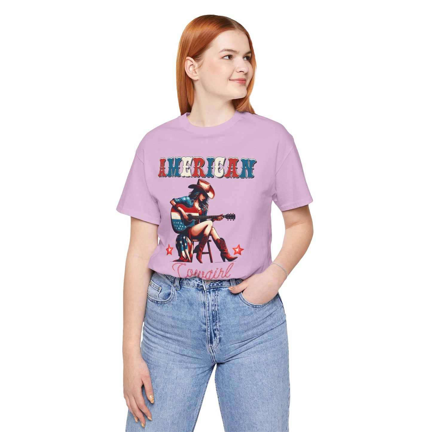 American Cowgirl, Playing Guitar Graphic, Unisex Jersey Short Sleeve Tee