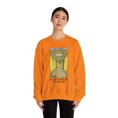 Crewneck Sweatshirt "Do Not Question the Hallway" – Retro Yellow Corridor Graphic