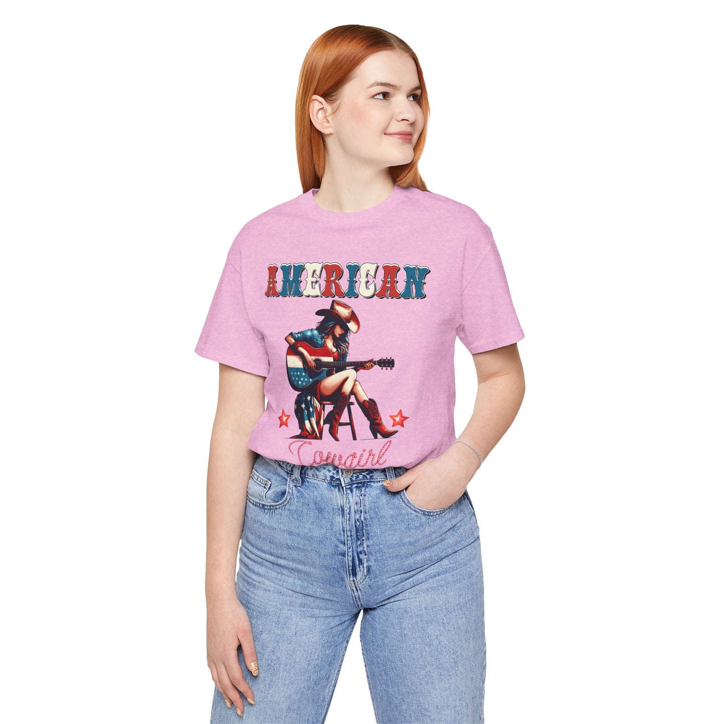 American Cowgirl, Playing Guitar Graphic, Unisex Jersey Short Sleeve Tee