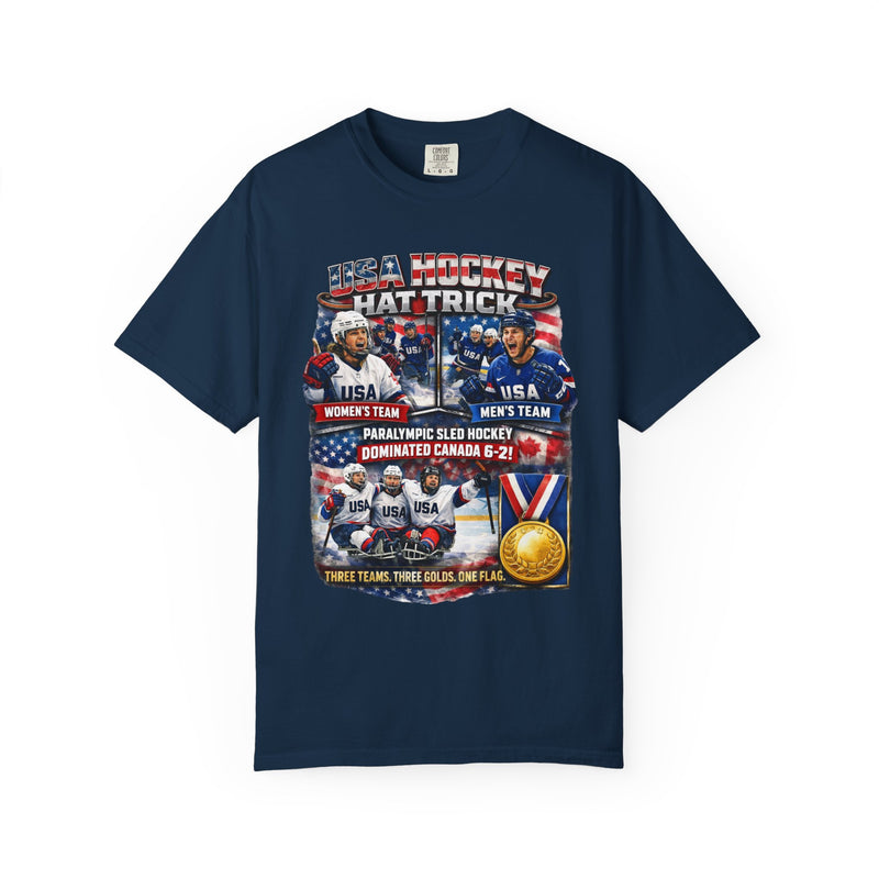 Hockey Hat Trick T-Shirt — USA Men's, Women's & Paralympic Gold Tribute 2026