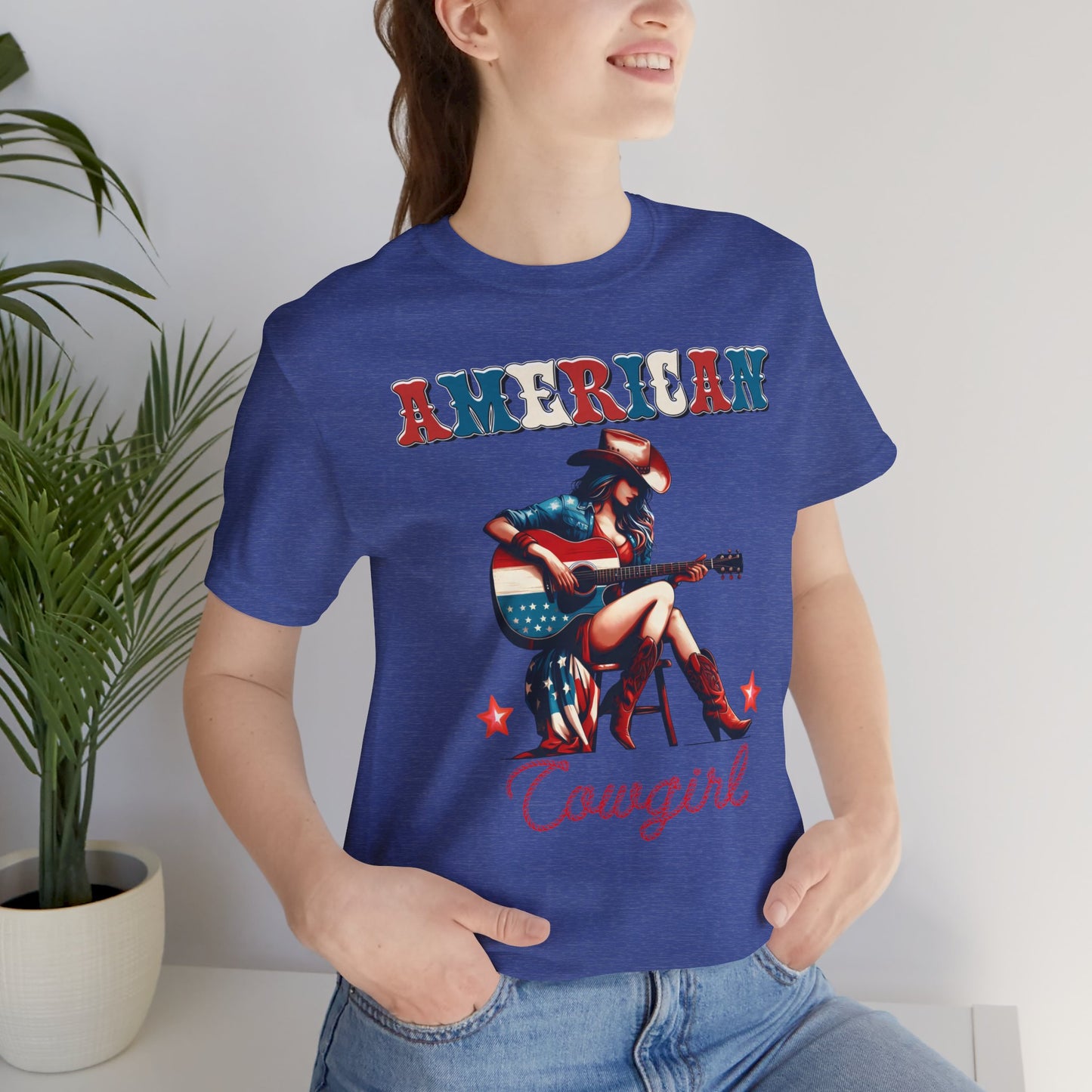 American Cowgirl, Playing Guitar Graphic, Unisex Jersey Short Sleeve Tee