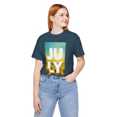 July Sunflower T‑Shirt – Summer Graphic Tee with 'JULY' Text