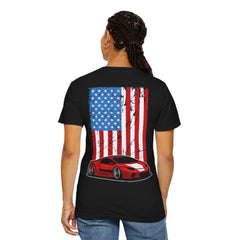 Patriotic Car Graphic Unisex T-Shirt - Vintage American Flag Design