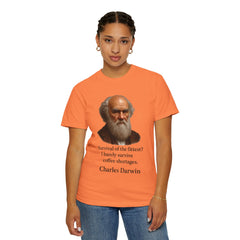 Darwin Coffee Funny T-Shirt — "Survival of the Fittest? I Barely Survive Coffee Shortages."