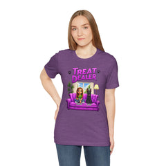 Personalized Treat Dealer T-Shirt — Funny Pet Lover Tee with Girl and Dog on Purple Couch