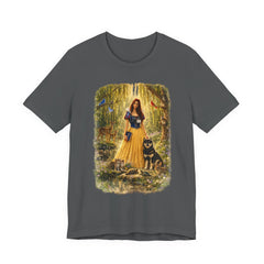 Fairy Tale Forest Tee — Woman with Dog Vintage Fantasy Graphic Shirt