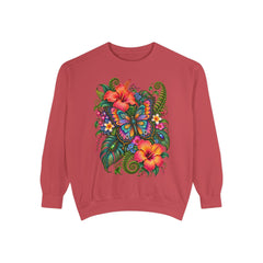 Floral Butterfly Sweatshirt — Tropical Hibiscus Garden Crewneck