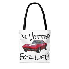 I'm Vetted For Life! / Tote Bag (AOP) / for him / for her / collector car / Chevrolet Corvette / Chevy / Little RED Corvette /